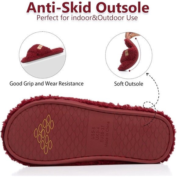 ⚡Women’s Wine Red Faux Fur Cozy Fuzzy Cross Band Slippers Indoor House Shoes - Picture 5 of 6